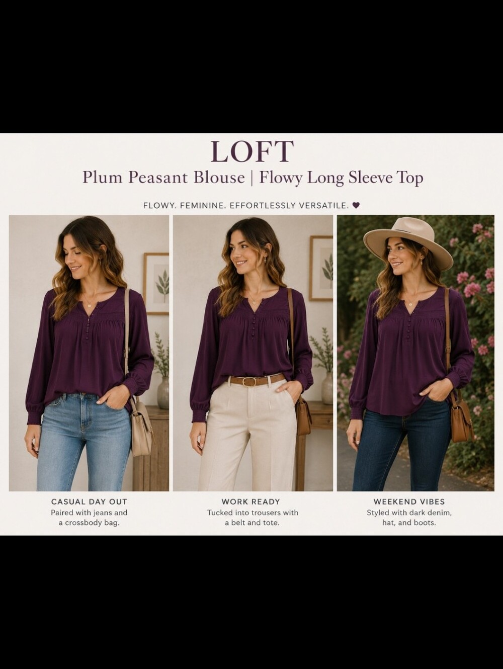 LOFT ~ Plum Peasant Blouse | Flowy Long Sleeve Top | XL